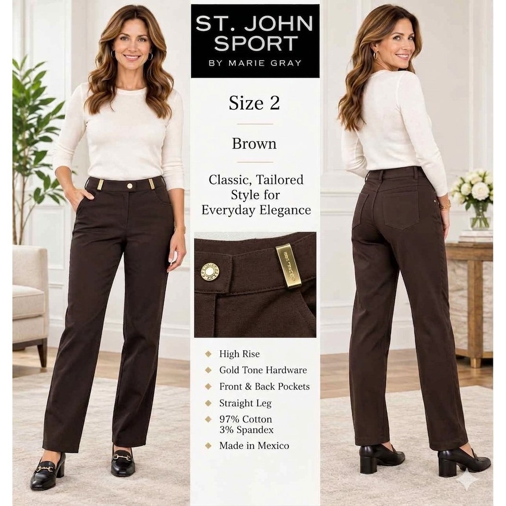 St John Sport Marie Gray Pants Womens 2 Dk Brown Straight Leg Gold Hardware 1877